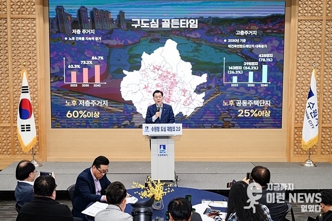 지난 5월 ‘도시재정비 활성화 전략 발표’에서 이재준 수원특례시장이 브리핑을 하고 있다.