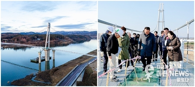 출렁다리 전경(좌) 이충우 여주시장 출렁다리 체험(우) -자료 여주시-