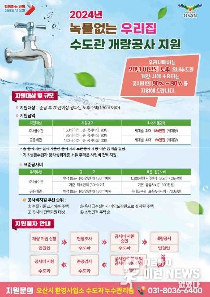 오산시, 깨끗한 수돗물 공급 위해 노후주택 수도관 개량 공사비 지원