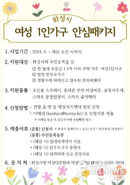 화성시, 여성 1인 가구 대상 안심패키지 지원