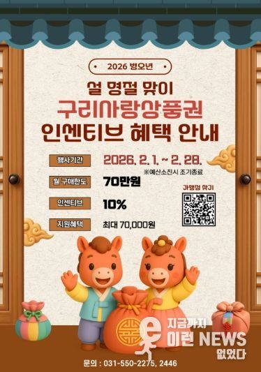 구리시, 설 명절 장바구니 부담 던다… 구리사랑상품권 10% 인센티브 확대 지원