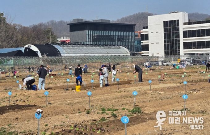 광명시 하안동 밤일마을에 자리한 시민주말농장에서 시민들이 땅을 가꾸고 있다.