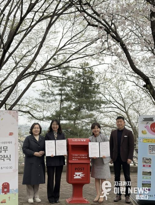 협약식 참석자들이 느린우체통 앞에서 기념촬영을 하고 있다.